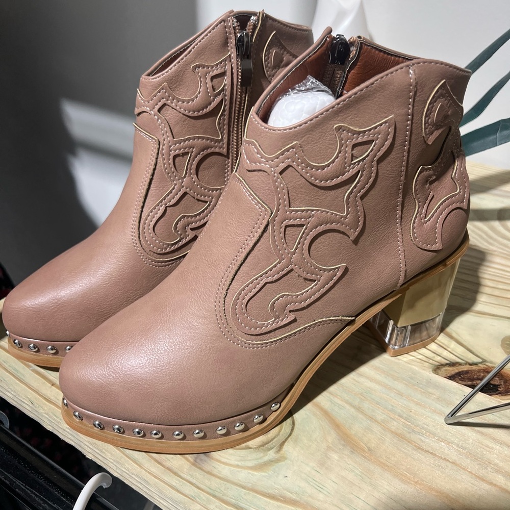 Women’s Tan Embroidered Ankle Boots with Studded Trim